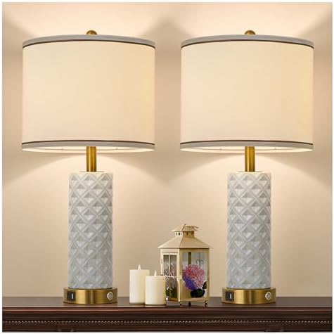 Set of 2 Table Lamp for Living Room Bedroom Farmhouse,26'' Touch Control Bedroom Ceramic Lamps 3-Way Dimmable Bedside Lamps with USB A+C Ports Linen Shade for Home(2 Bulbs Included) by Illuminatingyoumeandhim