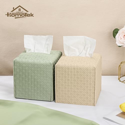 HOMOTEK 1 Pack Tissue Box Cover, Square PU Leather Tissue Holder, Decorative Facial Tissue Cube Paper Organizer Dispenser for Bathroom, Night Stands, Desk, Car 5X5X5'' - Rattan Weave, Beige - Image 5