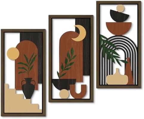 Putuo Decor Boho Wall Art Set of 3 Modern Minimalist Wooden Wall Decor Abstract Terracotta Room Decorations Mid Century Artwork for Living Room Bedroom Office in Terracotta Noir 16.5 x 8.6 Inch by PUTUODECOR