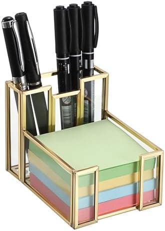 BTSKY Golden Glass 3x3 Inch Sticky Note Holder with Pen Slot by BTSKY