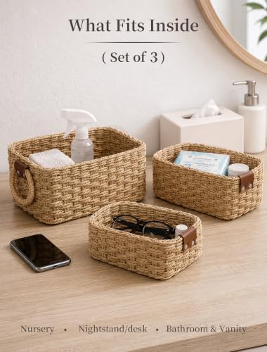 Small Wicker Baskets, 3 PCS Paper Rope Baskets for Shelves, Brown - Image 3