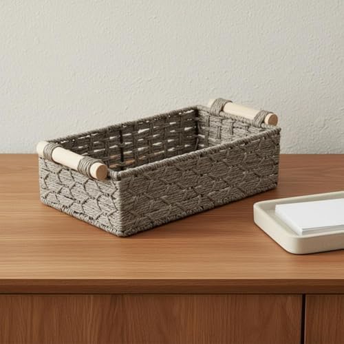 3 Pieces Handwoven Storage Basket Set With Woven Paper Rope Organizer With Wooden Handle Storage Bin Suitable for Home Organization Hallway Living Room, Khaki - Image 6