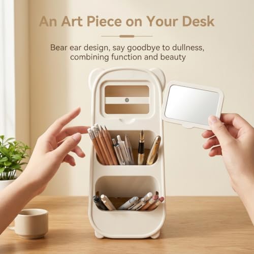 Cute Bear Pen Holder for Desk with Detachable Magnetic Mirror, Aesthetic Cream White Desk Organizer, 2-Compartment Pencil Cup Storage for Office & School - Image 2