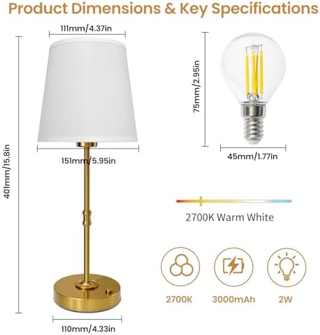 Gold Portable Cordless Table Lamp, Rechargeable Bedside Lamp, Tall - Image 6