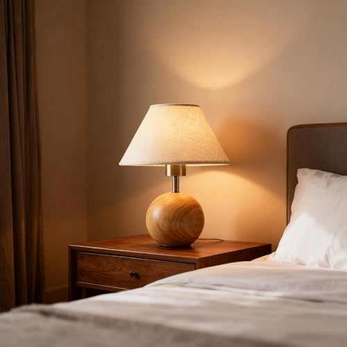 Wood Table Lamp for Bedroom, Flaxen Fabric Shade Small Desk Lamp for Living Room,Décor Ambient Bedside Lamps for Night Stands,LED Bulb (not Included) - Image 3