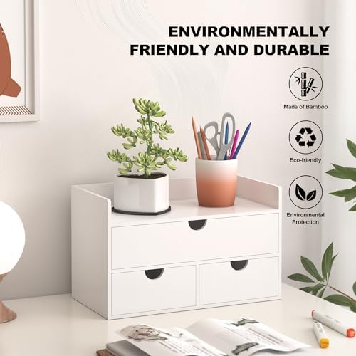 Bamboo Desk Organizer with Drawers Desktop Storage Drawers for Bills Office Supplies Kitchen Utensils Organizing Tool for Home Classroom Organization No Assembly (White with Shelf) - Image 5