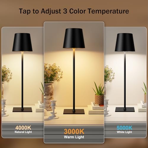 Kakanuo Black Cordless Rechargeable Table Lamp, 2 Pack Portable Desk Lamp with 5000mAh Battery, Touch Control Stepless Dimming, Wireless Night Light for Dining, Outdoor Camping, Coffee Shop - Image 2