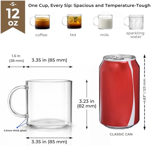 Aquach 12oz Glass Mugs Set of 4, Clear Borosilicate Cups with Handle - Image 4