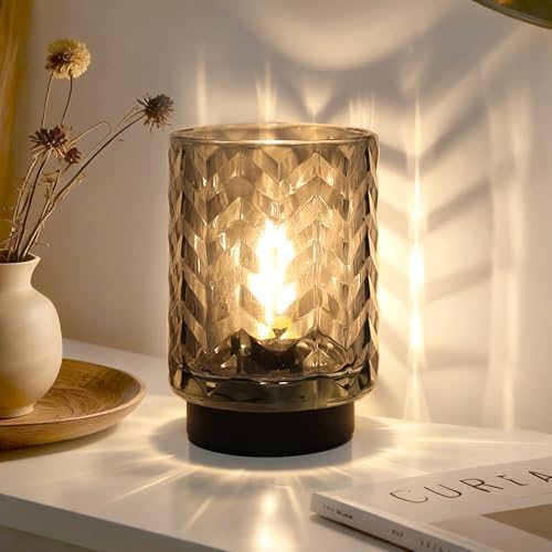LUSHARBOR Battery Operated Lamp with Timer, Small Table Lamp for Office Desk Decor, Glass Cordless Lamp Bedside Cozy Light for Living Room Aesthetic, Entryway Wave Design-Grey by LUSHARBOR