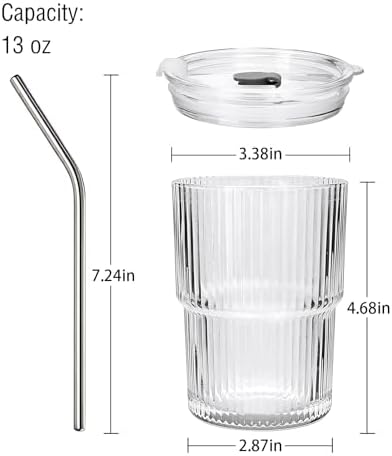 6 Pack 13oz Ribbed Glass Tumbler with Lid and Straw - Image 2