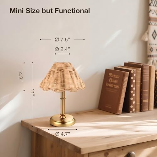 Mini Cordless Boho Rattan Table lamp, 5200-mAh Rechargeable Battery, 3-Level Brightness Dimmable, Build-in Integrated LED 320 Lumen Max, Rattan Shade, for Bedside Restaurant Dining Table - Image 3