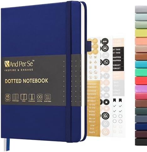 &And Per Se Dotted Journal Notebook, A5 Hardcover Leather Bullet Dotted Journal, 160 Pages 100 gsm Thick Paper, 3 Sheets of Stickers Included - 5.7'' x 8'' (Royal Blue) by AndPerSe