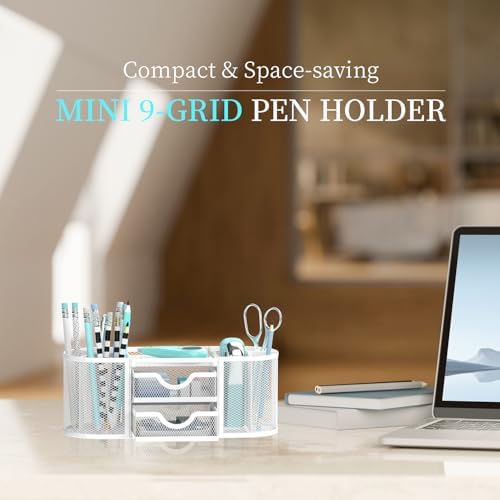 SUPEASY Mesh Desk Organizer, Pen Holder for Desk with 2 Drawers, White - Image 2