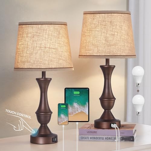 Luvkczc Touch Table Lamps Set of 2, 22" Tall Bedside Lamps with USB C+A Ports, Dimmable Table Lamp, Nightstand Lamps for Bedroom, Living Room, Office, Brown Lamps with Beige Lampshade, Bulbs Included by Luvkczc