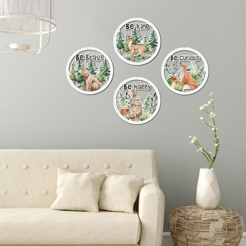HPNIUB Woodland Nursery Wall Decor, Inspirational Girl Room Hanging Sign, 4 Pieces 10''x10'' Jungle Animals Wooden Decoration for Kids, Cartoon Fox Bear Art Sign for Teens Toddler Boy Baby Playroom - Image 4