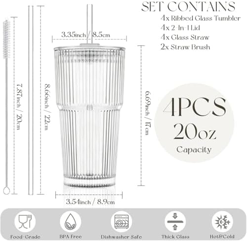 KEMORELA 20oz Ribbed glass cups with lids and straws, Iced Coffee Cups - Image 3
