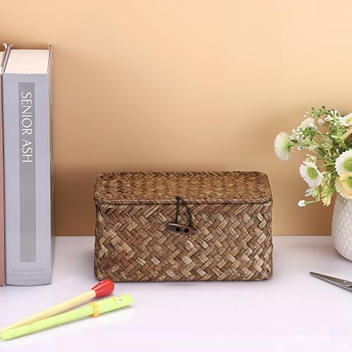 Hipiwe Handwoven Wicker Basket with Lid Small Desktop Seagrass Organizer - Image 2