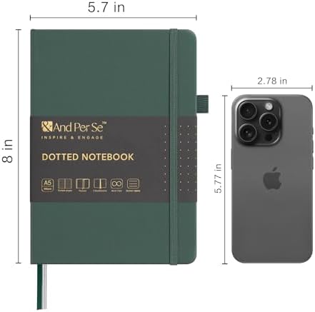 &And Per Se Dotted Journal Notebook, A5 Hardcover Leather Bullet Dotted Journal, 160 Pages 100 gsm Thick Paper, 3 Sheets of Stickers Included - 5.7'' x 8'' （Green） - Image 2