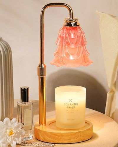 Funistree Small Candle Warmer Lamp with Timer, Adjustable Pink Flower Candle Heat Lamp, Christmas Birthday Gifts for Women Mom Her, Dimmable Candles Heater, Fashion Wax Warming Light with Wood Base by Funistree