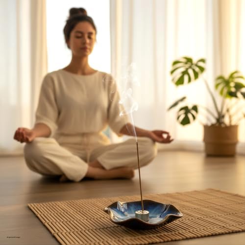 Small Flower Incense Holder with 9-Hole Metal Base, Blue - Image 3