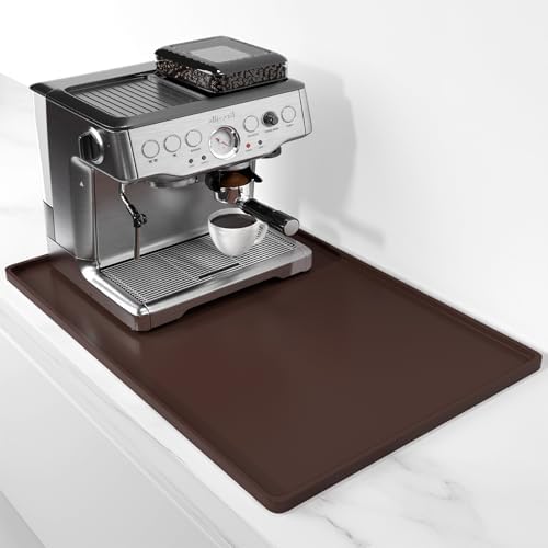 Rnivvi Silicone Coffee Mat, 16" x 24" Waterproof Raised Edge Coffee Bar Mats for Espresso Machine Station Accessories, Heat Resistant Dish Drying Pad for Kitchen Counter, Rubber Bar Decor Pad, Brown by Rnivvi