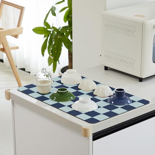 Ohocut Navy Blue Checkered Dish Drying Mat for Kitchen Counter, Coffee Bar Station Accessories, Retro Cute Aesthetic Modern Absorbent Drainer Mat Kitchen Drying Mat Easy Clean (Ocean, 24" x 16") - Image 3