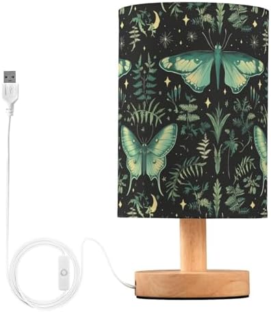 Fustylead Botanical Ferns Green Moth Mystical Black Bedside Table Lamps with USB Port for Bedroom Lamp Small Nightstand Lamp Sturdy Linen Shade Wooden Decorative Lamps for Living Room Home Dorm Kids by Fustylead