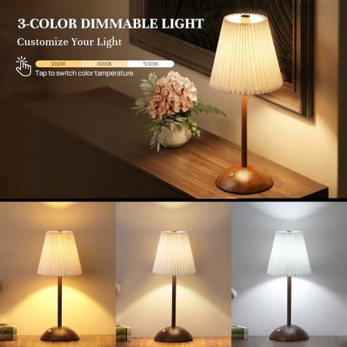 Small Vintage Cordless Table Lamp, 5000mAh Battery Operated, 3 Color Stepless Dimming Up, Bedside Vintage Flower Desk Lamp for Bedroom Living Room, Dorm, Home, Office Decor (Beige) - Image 3
