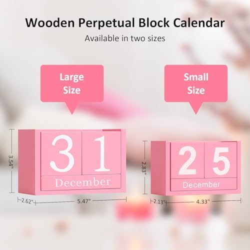 Wooden Block Calendar for Desk, Small Size Daily Desktop Perpetual Desk Calendar, Cute Date Display Desk Accessories for Home Office Decor, Teacher, Classroom, Reusable Yearly, Pink - Image 3