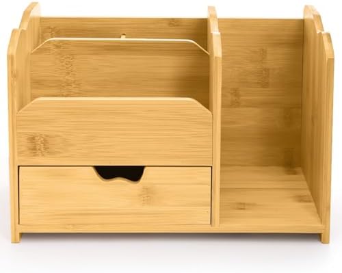 ZAVOOS Bamboo Desk Organizer with Drawer Pen Holder, 5 Compartments - Image 4