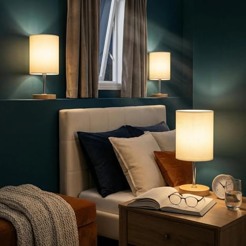 Small Table Lamp Set of 2, Bedside Lamp with 3000K Warm LED Bulb Included, Nightstand Lamp for Living Room Office Dorm Kids Room, Easy Assemble Minimalist Cream Shade & Wood Base(5W) - Image 6