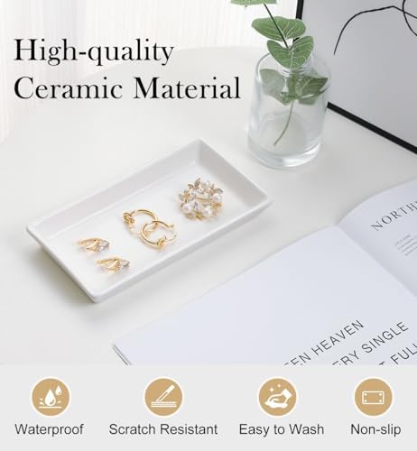 Emibele Jewelry Tray, Small Rectangle Ceramic Vanity Tray Jewelry Dish, Trinket Perfume Tray for Cosmetics, Rings, Bathroom Kitchen Soap, White - Image 2