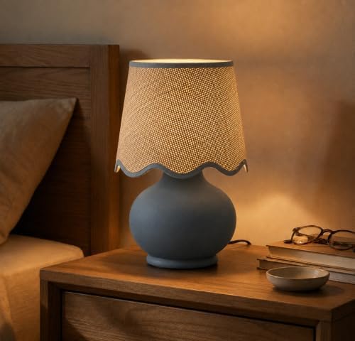 Benton Ceramic Table Lamp with Fabric Shade – 13" Bedside Accent Lamp for Bedroom, Living Room & Nightstand (Slate Blue) - Image 3