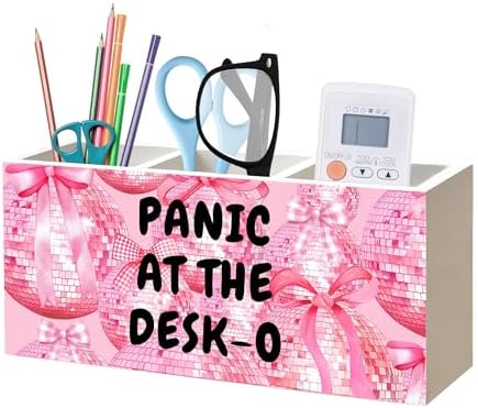 Funny Office Humor Pen Pencil Holder Organizer, Pink Office Desks Decor Accessories, Panic at the Desk-o Funky Y2K Pink Disco Ball Wood Signs for Cubicle Workplace Desk Tabletop Decor by Unknown