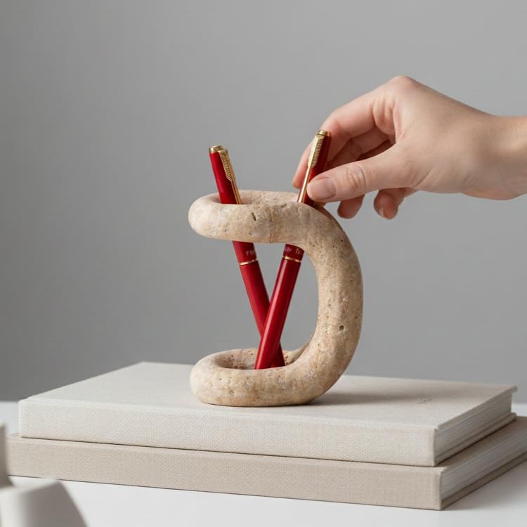Marble Pen Holder for Desk, 4 Inch Travertine Pencil Holder - Image 3