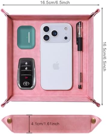 Valet Tray Desktop Storage Organizer – Premium PU Leather Catchall Bedside Vanity Tray Nightstand Caddy Holder for Remote Controller, Keys, Phone, Wallet, Coin, Jewelry,Pink - Image 2