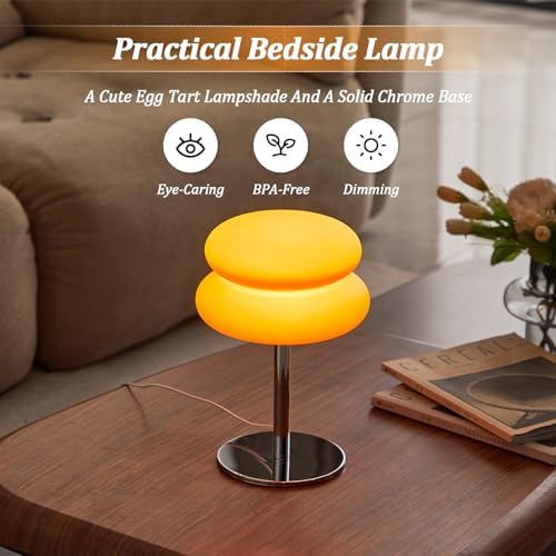 Orange Mushroom Lamp, Mid Century Modern Lamp for Nightstand, Dimmable Retro Egg Tart Bedside Lamps, Home Decor Ambient Lighting Aesthetic Cute Lamps for Bedroom Living Room (NOT Glass) - Image 6