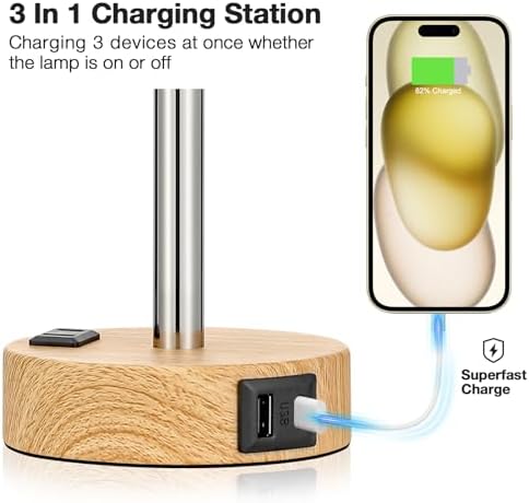 Fenmzee Bedside Table Lamp for Bedroom - Dimmable Touch, USB A+C, AC Outlet - Image 3