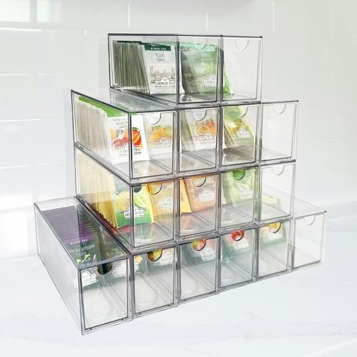 AZEZO 16-Pack Tea Bag Drawers Organizer - 16 Clear Plastic Drawer Tea Bag Holder; Stackable & Portable; Wider Size; Well-Organized Storage for Tea Bags & Kitchen Essentials；High Volume by Unknown