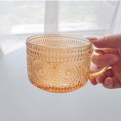 MFACOY Vintage Coffee Mugs Set of 2, 14 oz Glass Tea Cups with Handle, Amber Embossed Glass Cups for Cappuccino, Latte, Cereal, Milk, Hot or Cold Beverages - Image 5