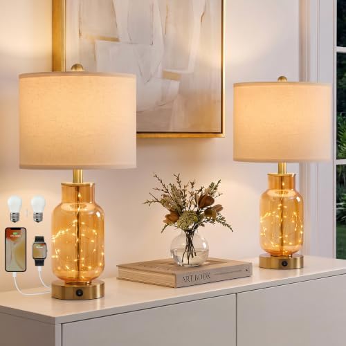 Oneach 22" Glass Table Lamps Set of 2 with Night Light for Bedroom, Amber by Oneach