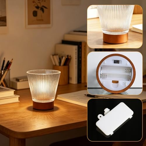 Battery Operated Night Light with Timer, Aesthetic Cordless Battery Powered Decorative Ambient Glass Lamp, Small Cozy Nightlight for Dorm, Nightstand, Bathroom, Warm, Vertical Striped Pattern - Image 4