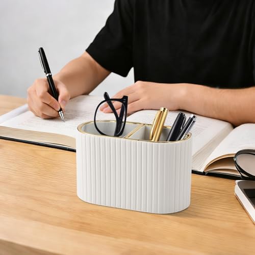 PU Leather Desk Organizer,Pen Holder,Small Remote Control Holder Pencil Cup Multifunctional Nightstand Organizer Caddy for Home School Office Desk Accessories,2 Compartments (Cream White) - Image 6