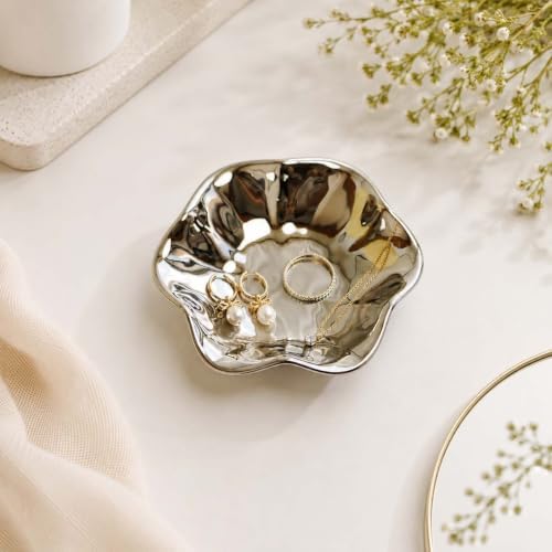 Silver Ceramic Jewelry Dish, Lotus Leaf Trinket Tray，Jewelry Dish Tray - Image 6