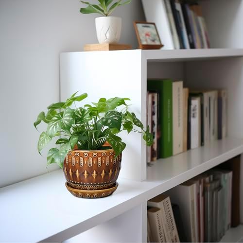 G EPGardening 5.5 Inch Plant Pot - Ceramic Planter for Indoor Outdoor Plants, Boho Round Indoor Flower Pot with Drainage Hole and Saucer, Housewarming Gifts, Garden Home Room Decor, Brown - Image 5