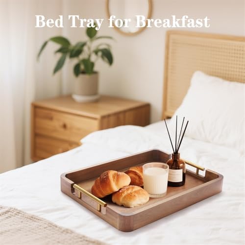 Acacia Wood Serving Tray with Handles, 17x13 Inch Ottoman Tray for Coffee Table,Candle Display,Breakfast in Bed, Large Wooden Decorative Tray with Non-Slip Pads, for Kitchen, Dining, Home Decor - Image 4