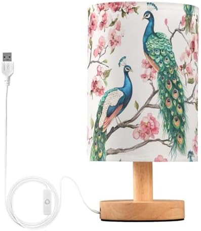 Fustylead Elegant Peacocks with Pink Floral Bedside Table Lamps with USB Port for Bedroom Lamp Small Nightstand Lamp Sturdy Linen Shade Wooden Decorative Lamps for Living Room Home Dorm Kids by Fustylead