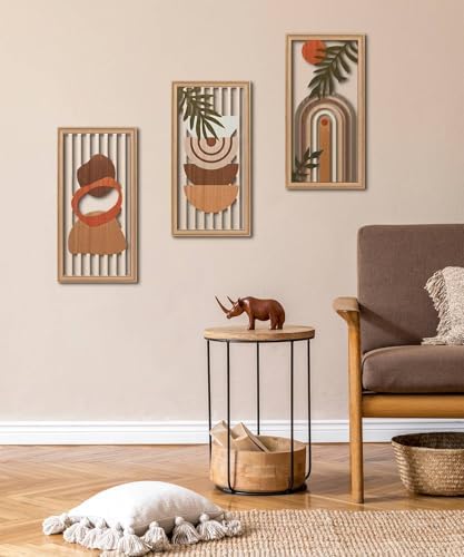 Putuo Decor Boho Wall Art Set of 3, Modern Minimalist Wooden Wall Decor, Abstract Aesthetic Room Decorations, Mid-Century Modern Artwork for Living Room, Bedroom, Office Orange 16.5 x 8.6 inch - Image 4