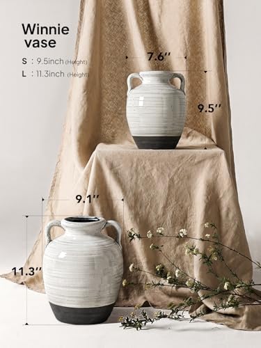 White Ceramic Vase with 2 Handles, 9.5 Inch, Farmhouse Rustic, Aurora White - Image 4