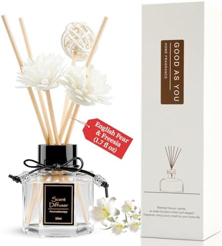 English Pear & Freesia Reed Diffuser 1.7 fl oz, Fruity Floral Home Fragrance, Plant-Based Non-Toxic Essential Oil with 6 Scent Sticks, Long-Lasting Air Freshener for Bathroom & Living Room by WOHSEROM
